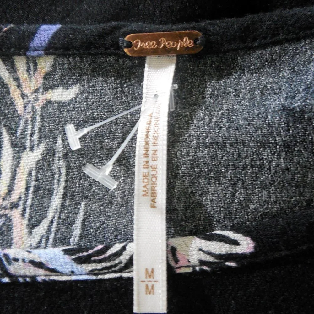 FREE PEOPLE Top M Black Floral Tunic Shirt Tie Cold Shoulder Long Sleeves Casual - Picture 12 of 13